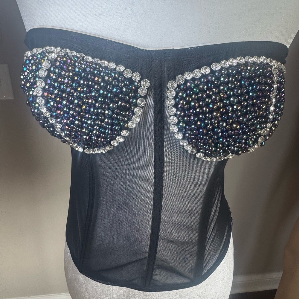 AKIRA Rhinestone Mesh Corset Bustier Black Crystal Top Size S NWT